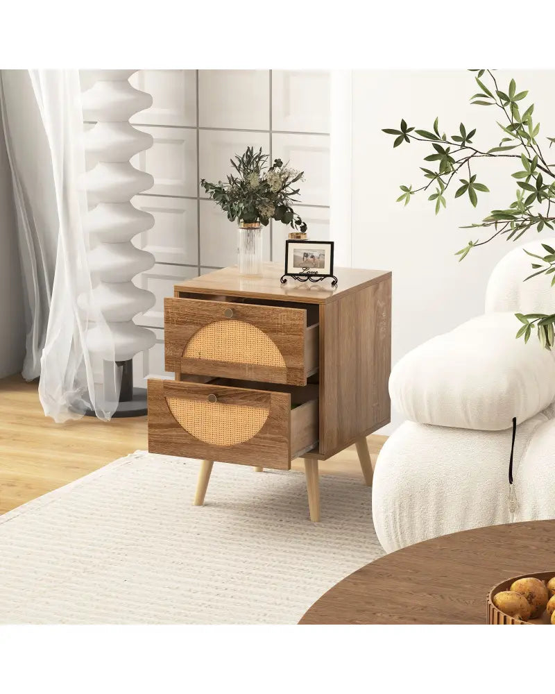 Set of 2 Rattan Nightstand with 2 Drawers and Solid Wood Legs-Natual - Natural - Nightstands
