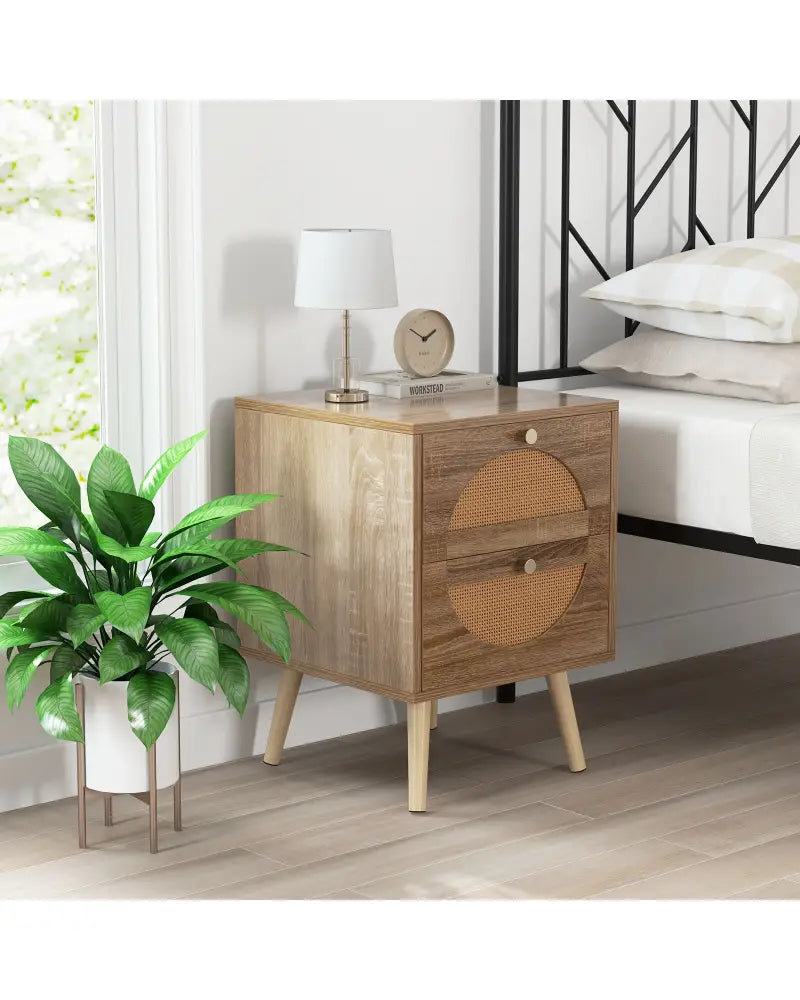 Set of 2 Rattan Nightstand with 2 Drawers and Solid Wood Legs-Natual - Natural - Nightstands