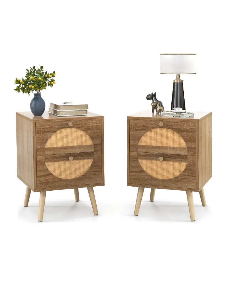 Set of 2 Rattan Nightstand with 2 Drawers and Solid Wood Legs-Natual - Natural - Nightstands