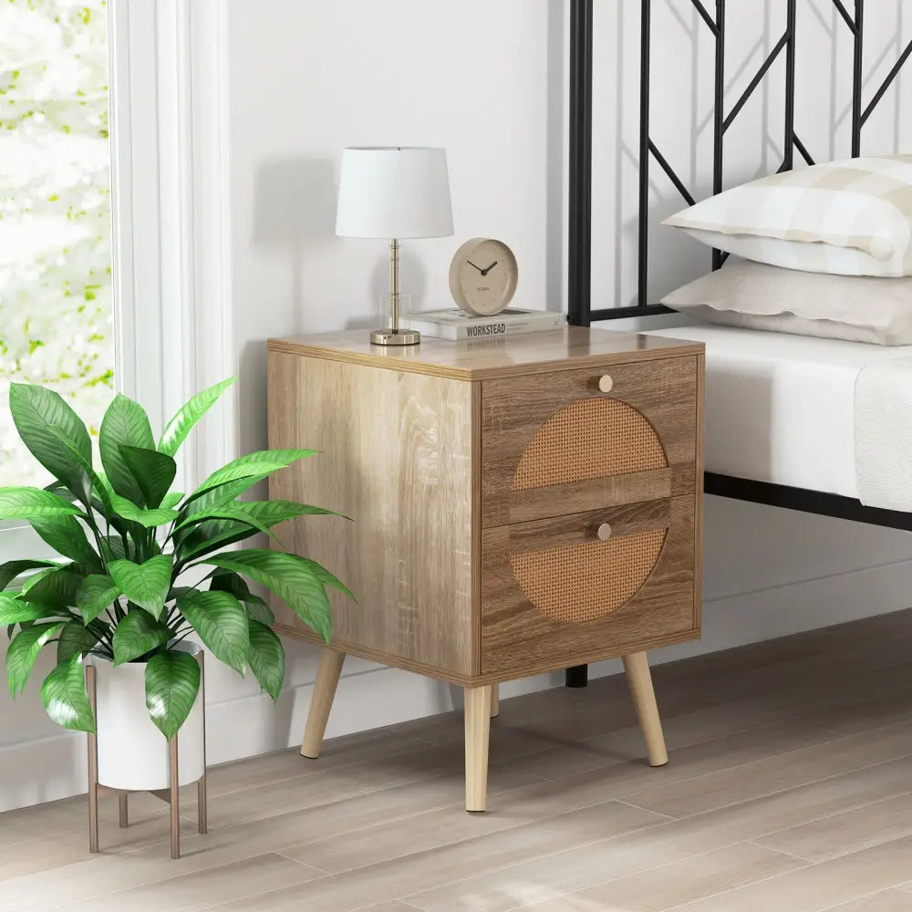 Set of 2 Rattan Nightstand with 2 Drawers and Solid Wood Legs-Natual - Natural - Nightstands