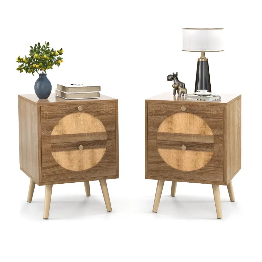 Set of 2 Rattan Nightstand with 2 Drawers and Solid Wood Legs-Natual - Natural - Nightstands