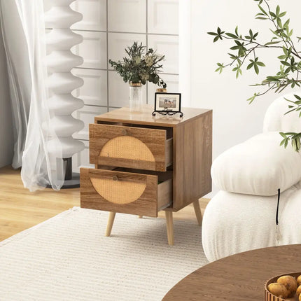 Set of 2 Rattan Nightstand with 2 Drawers and Solid Wood Legs-Natual - Natural - Nightstands