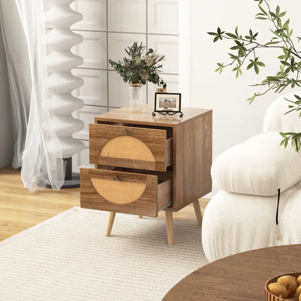 Set of 2 Rattan Nightstand with 2 Drawers and Solid Wood Legs-Natual - Natural - Nightstands