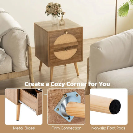 Set of 2 Rattan Nightstand with 2 Drawers and Solid Wood Legs-Natual - Natural - Nightstands