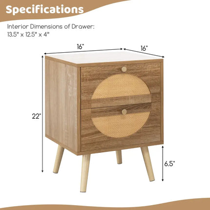 Set of 2 Rattan Nightstand with 2 Drawers and Solid Wood Legs-Natual - Natural - Nightstands