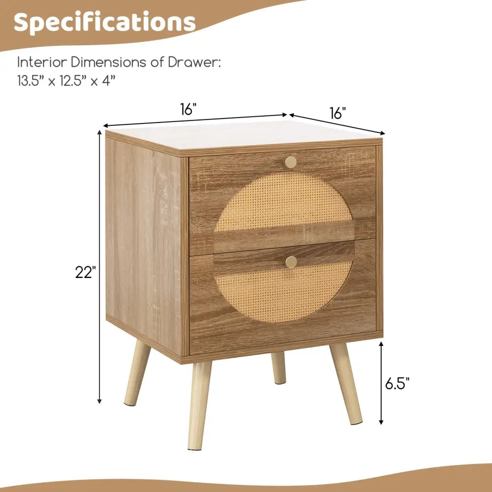 Set of 2 Rattan Nightstand with 2 Drawers and Solid Wood Legs-Natual - Natural - Nightstands