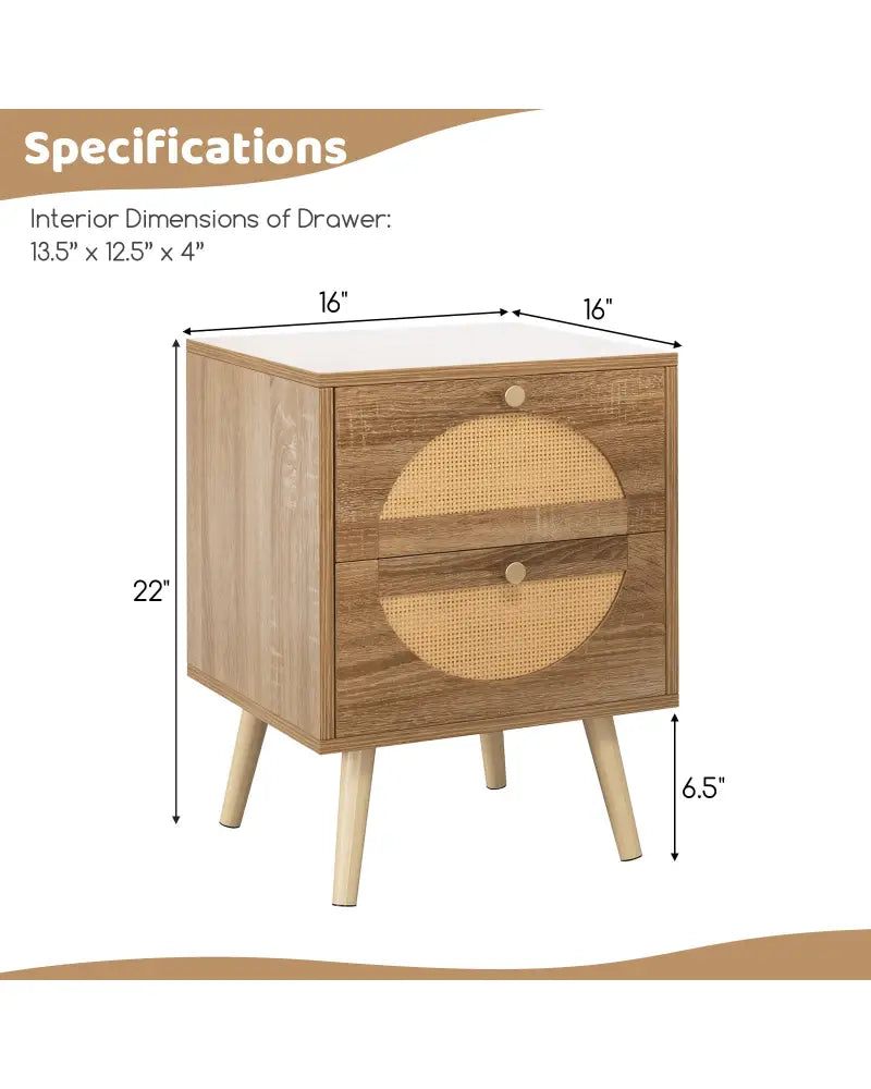 Set of 2 Rattan Nightstand with 2 Drawers and Solid Wood Legs-Natual - Natural - Nightstands