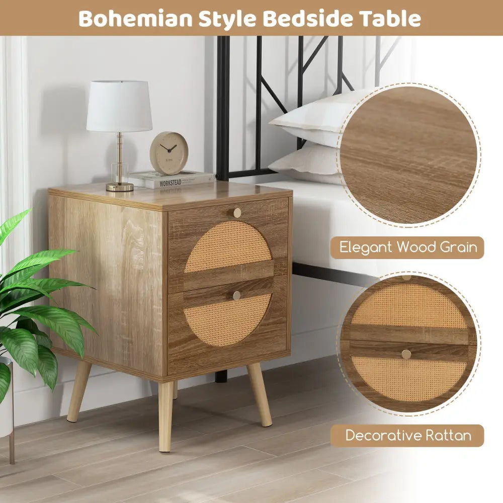 Set of 2 Rattan Nightstand with 2 Drawers and Solid Wood Legs-Natual - Natural - Nightstands