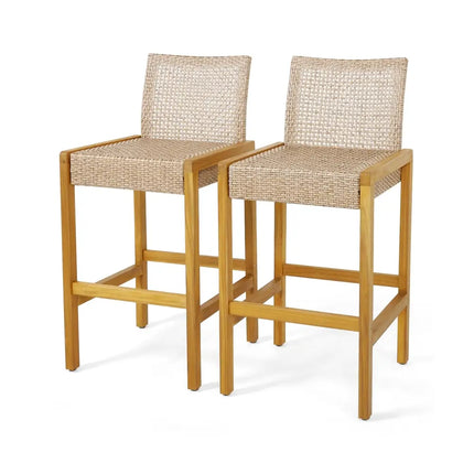 Set of 2 Rattan Patio Wood Barstools Dining Chairs with Backrest-Set of 2 - Light Brown - Patio Dining Chairs
