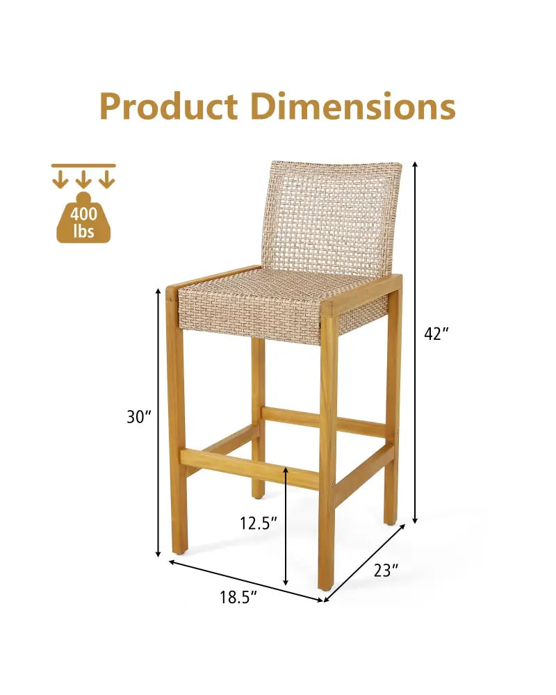 Set of 2 Rattan Patio Wood Barstools Dining Chairs with Backrest-Set of 2 - Light Brown - Patio Dining Chairs