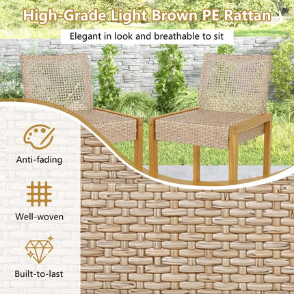 Set of 2 Rattan Patio Wood Barstools Dining Chairs with Backrest-Set of 2 - Light Brown - Patio Dining Chairs