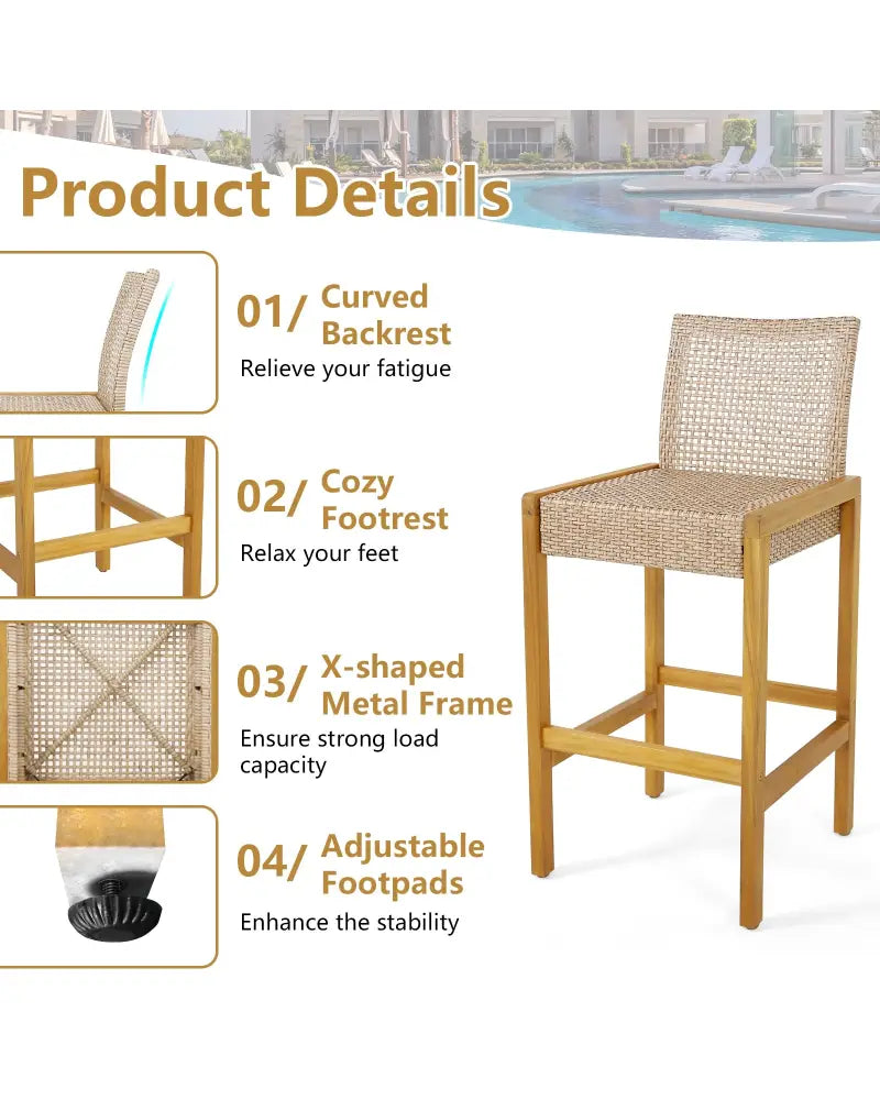 Set of 2 Rattan Patio Wood Barstools Dining Chairs with Backrest-Set of 2 - Light Brown - Patio Dining Chairs