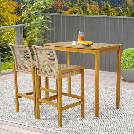 Set of 2 Rattan Patio Wood Barstools Dining Chairs with Backrest-Set of 2 - Light Brown - Patio Dining Chairs