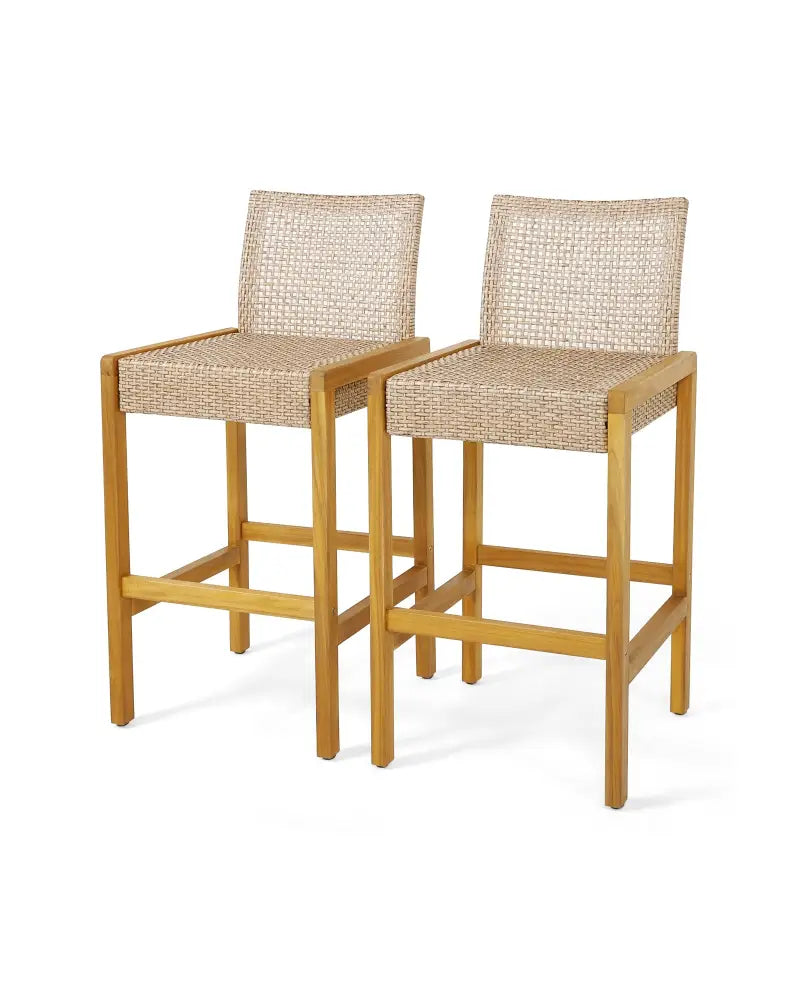 Set of 2 Rattan Patio Wood Barstools Dining Chairs with Backrest-Set of 2 - Light Brown - Patio Dining Chairs