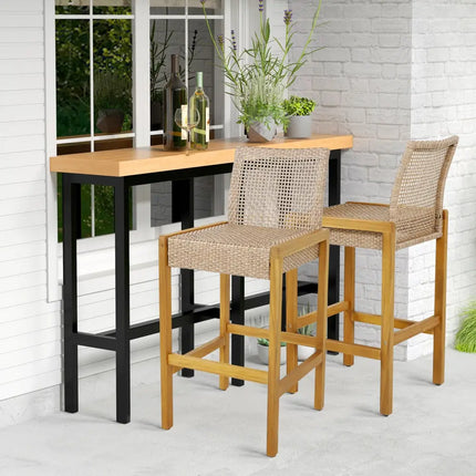 Set of 2 Rattan Patio Wood Barstools Dining Chairs with Backrest-Set of 2 - Light Brown - Patio Dining Chairs