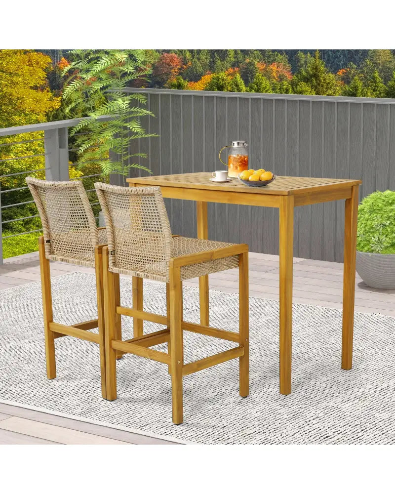 Set of 2 Rattan Patio Wood Barstools Dining Chairs with Backrest-Set of 2 - Light Brown - Patio Dining Chairs