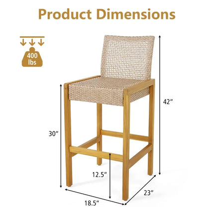 Set of 2 Rattan Patio Wood Barstools Dining Chairs with Backrest-Set of 2 - Light Brown - Patio Dining Chairs