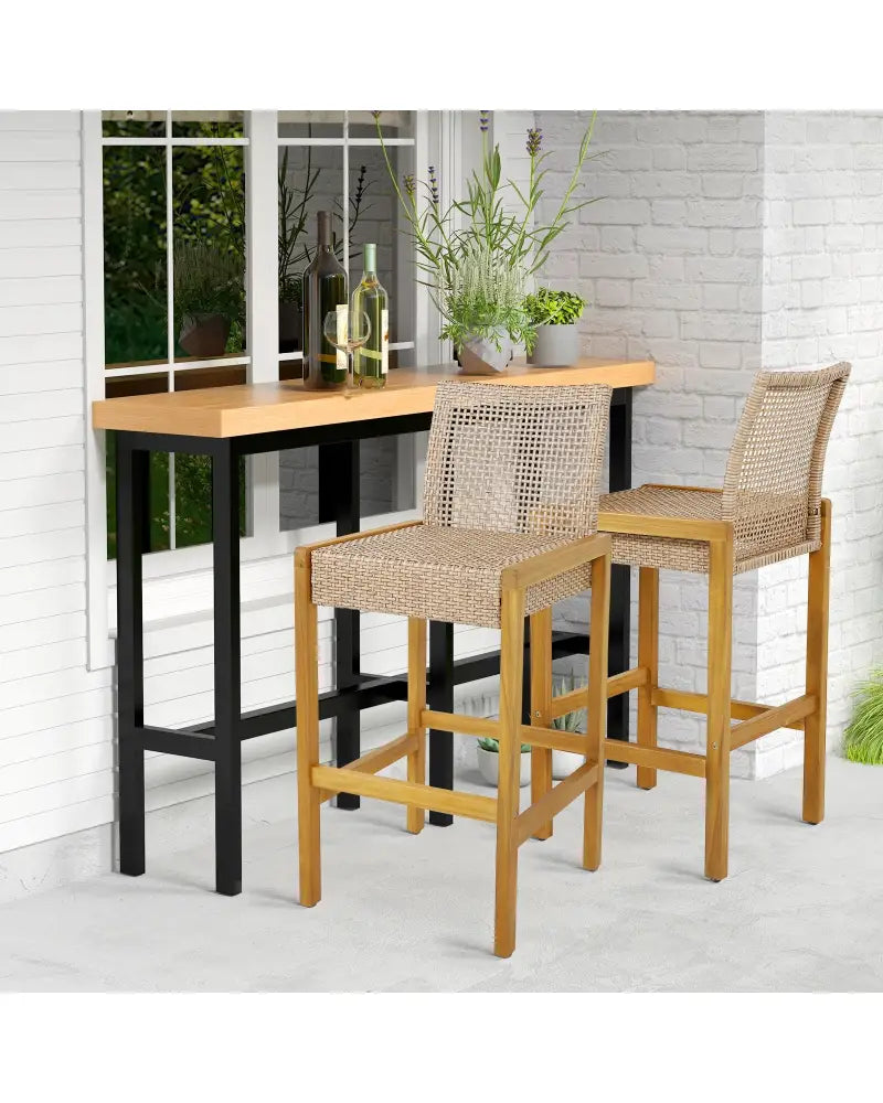 Set of 2 Rattan Patio Wood Barstools Dining Chairs with Backrest-Set of 2 - Light Brown - Patio Dining Chairs