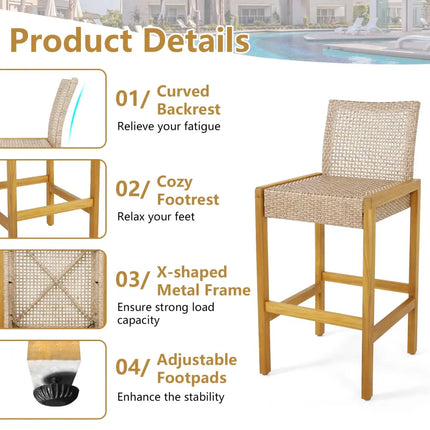 Set of 2 Rattan Patio Wood Barstools Dining Chairs with Backrest-Set of 2 - Light Brown - Patio Dining Chairs