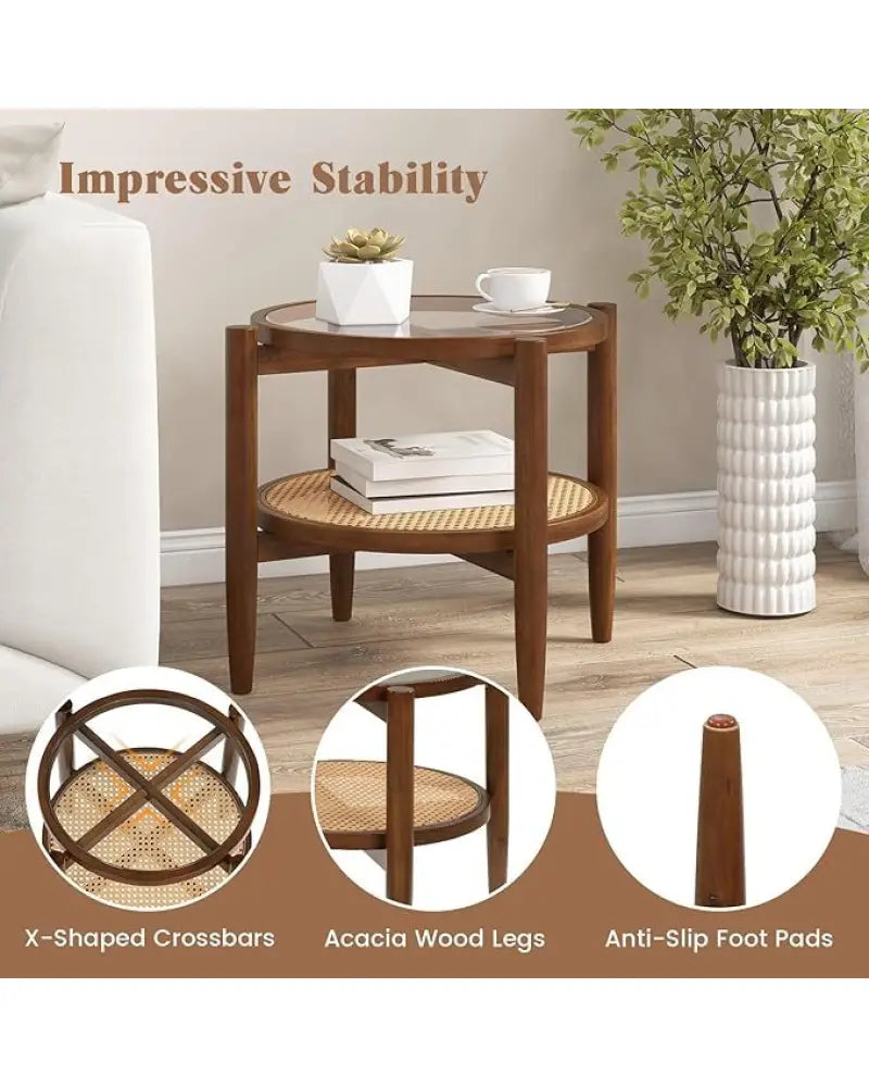 Set of 2 Rattan Round Side End Table with Tempered Glass Tabletop-Walnut - Walnut - End & Side Tables