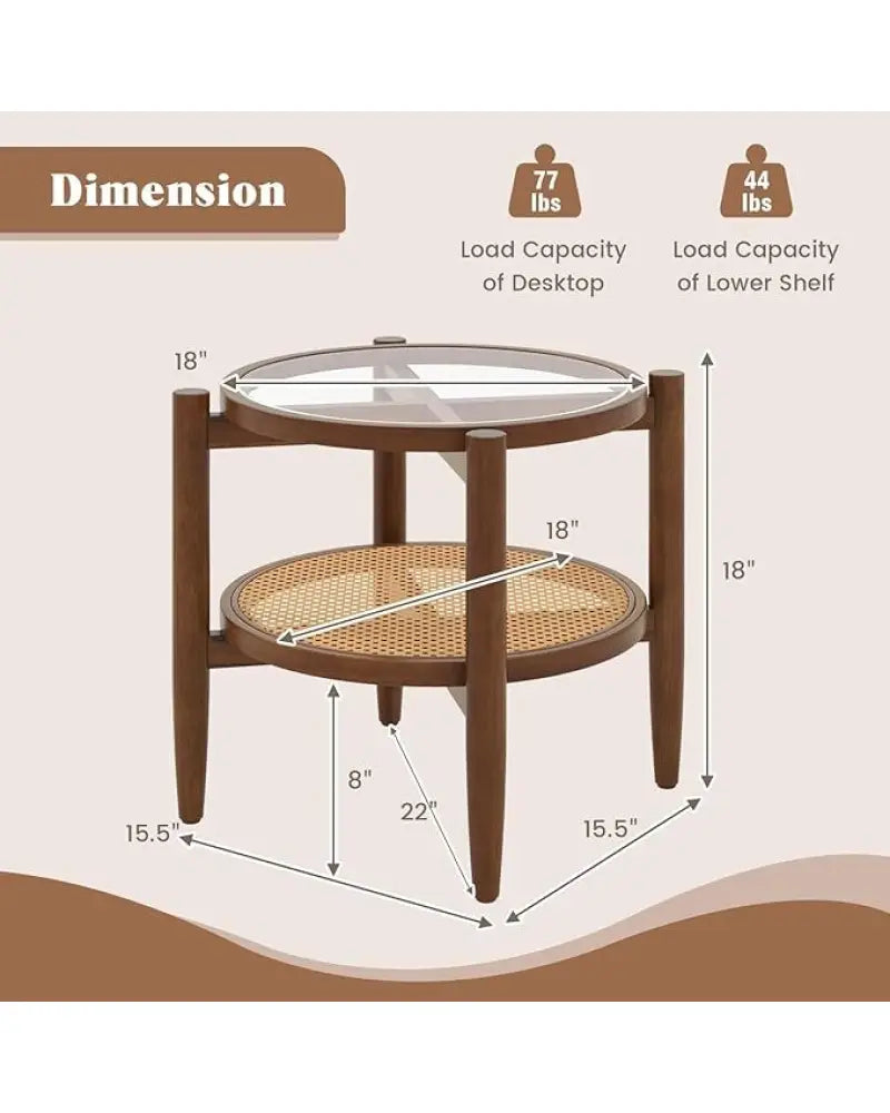 Set of 2 Rattan Round Side End Table with Tempered Glass Tabletop-Walnut - Walnut - End & Side Tables
