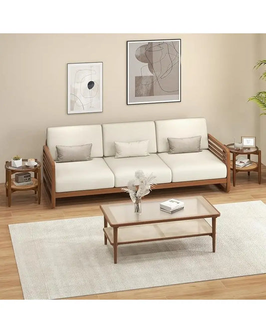 Set of 2 Rattan Round Side End Table with Tempered Glass Tabletop-Walnut - Walnut - End & Side Tables