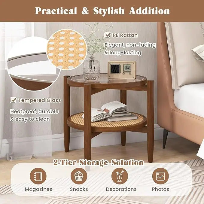 Set of 2 Rattan Round Side End Table with Tempered Glass Tabletop-Walnut - Walnut - End & Side Tables