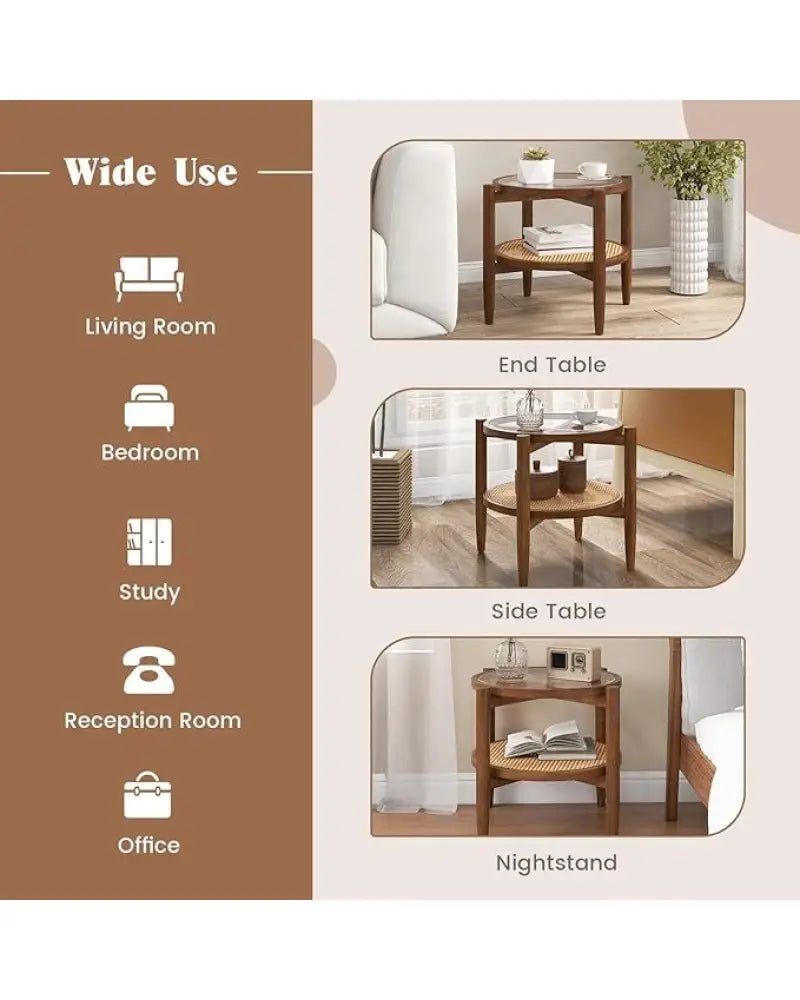 Set of 2 Rattan Round Side End Table with Tempered Glass Tabletop-Walnut - Walnut - End & Side Tables