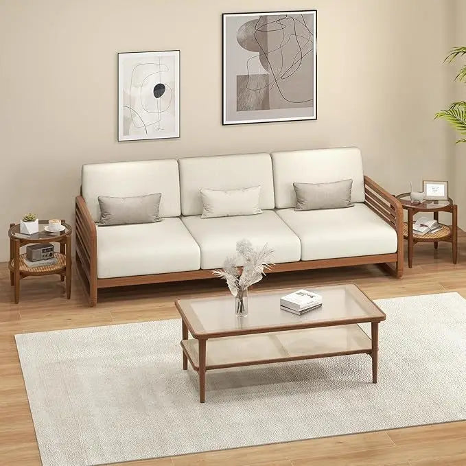Set of 2 Rattan Round Side End Table with Tempered Glass Tabletop-Walnut - Walnut - End & Side Tables