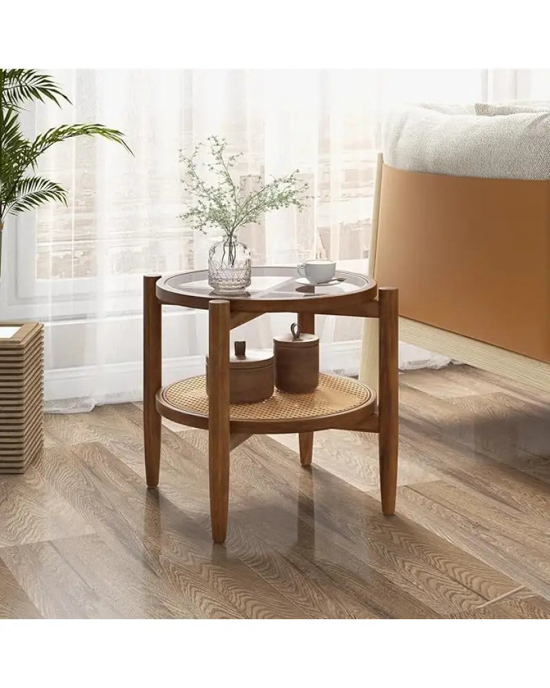 Set of 2 Rattan Round Side End Table with Tempered Glass Tabletop-Walnut - Walnut - End & Side Tables