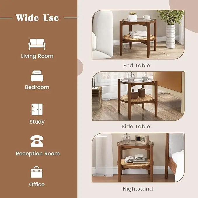 Set of 2 Rattan Round Side End Table with Tempered Glass Tabletop-Walnut - Walnut - End & Side Tables
