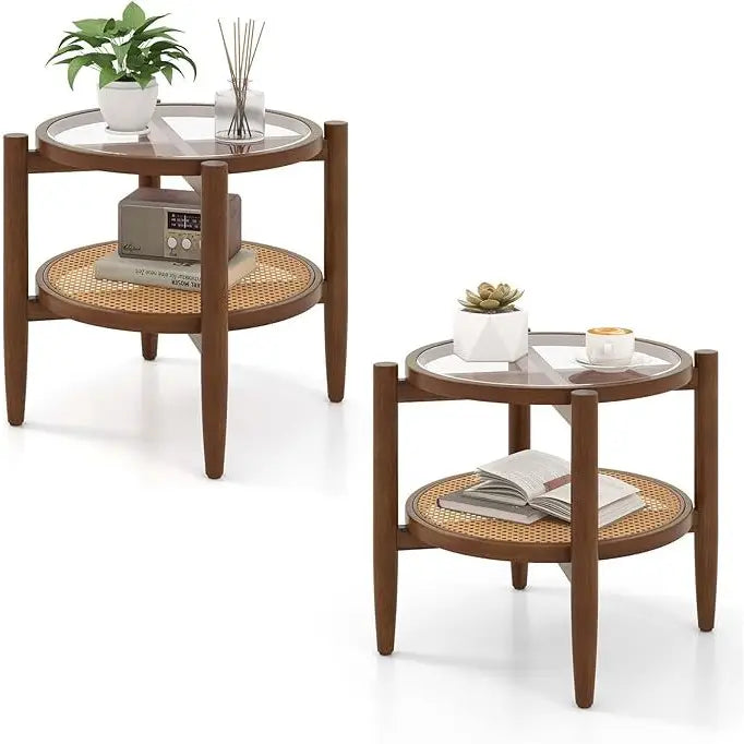 Set of 2 Rattan Round Side End Table with Tempered Glass Tabletop-Walnut - Walnut - End & Side Tables