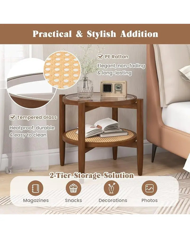 Set of 2 Rattan Round Side End Table with Tempered Glass Tabletop-Walnut - Walnut - End & Side Tables