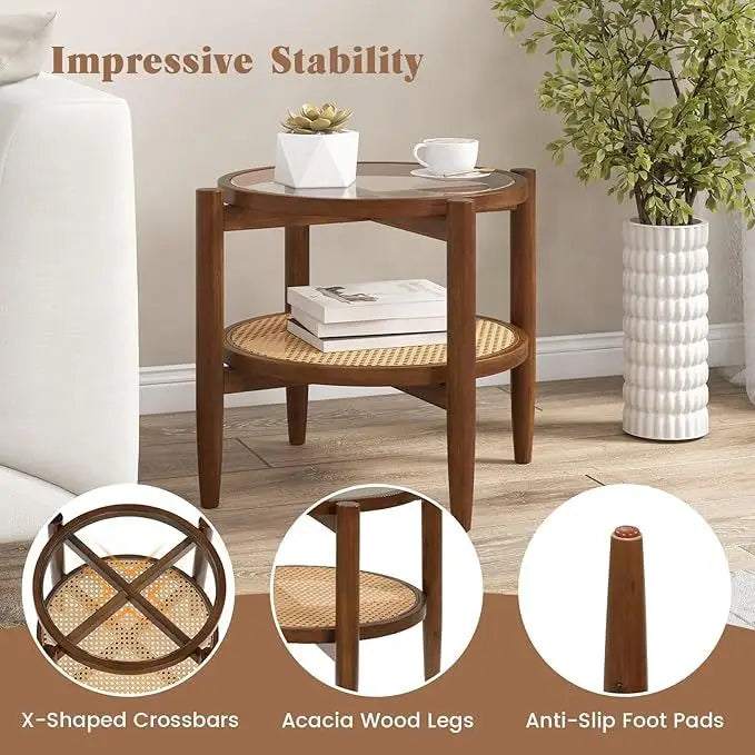 Set of 2 Rattan Round Side End Table with Tempered Glass Tabletop-Walnut - Walnut - End & Side Tables