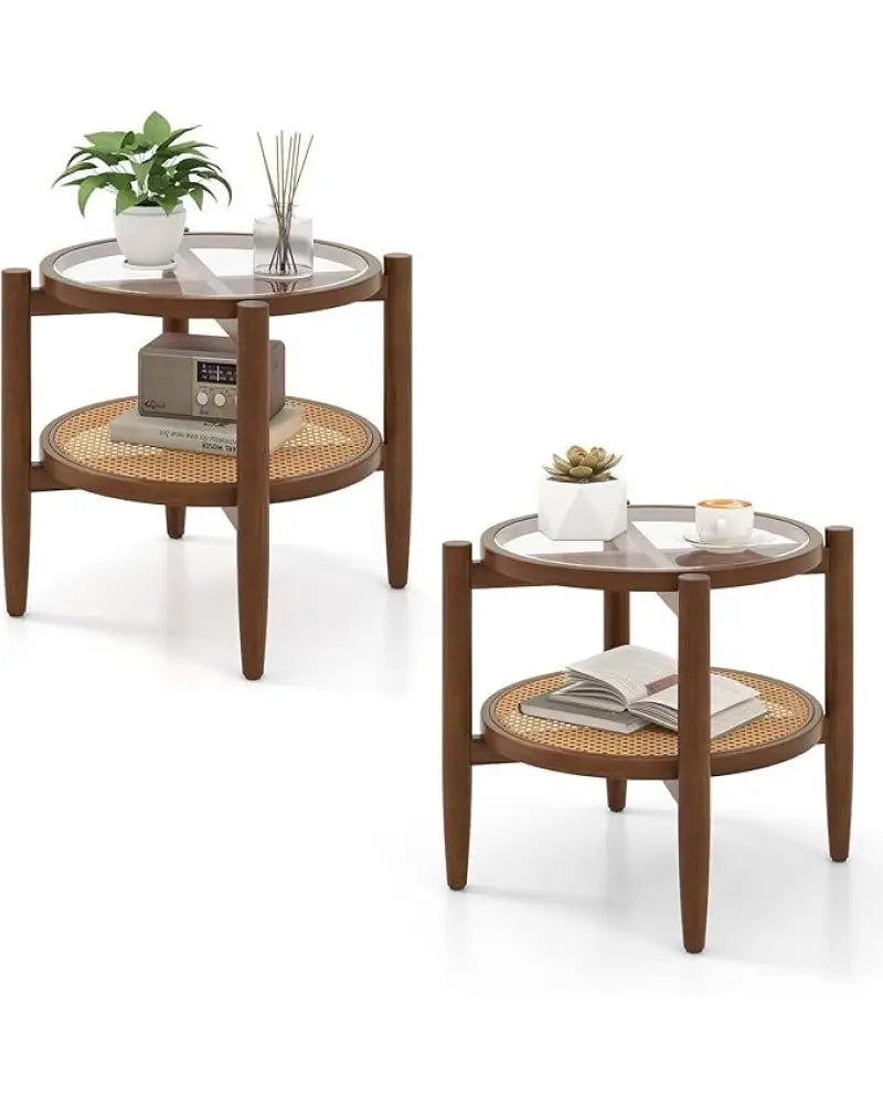 Set of 2 Rattan Round Side End Table with Tempered Glass Tabletop-Walnut - Walnut - End & Side Tables