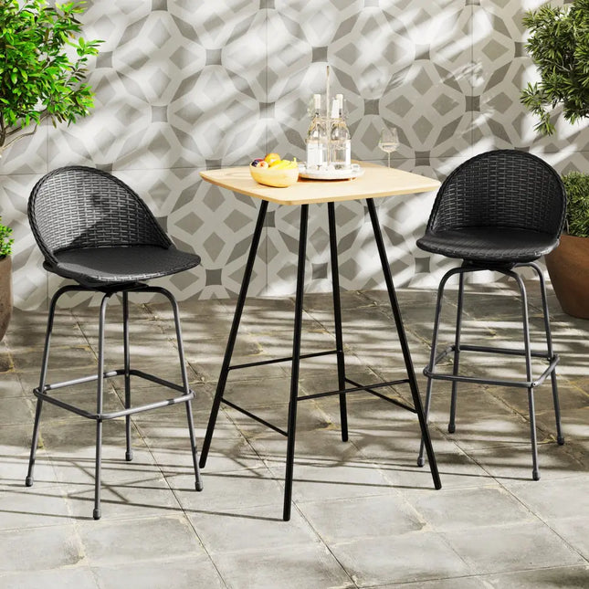 Set of 2 Rattan Swivel Barstools with Curved Back-Black - Black - Patio Bar Furniture