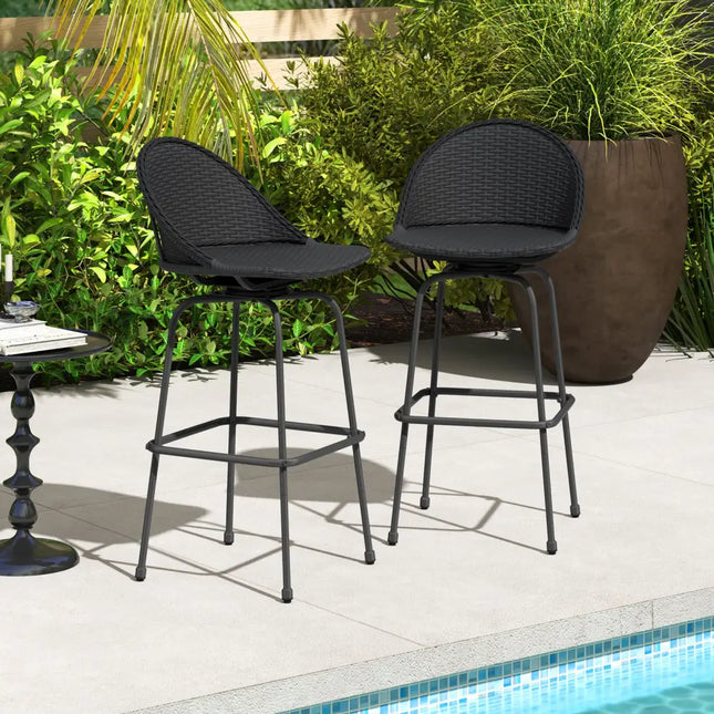 Set of 2 Rattan Swivel Barstools with Curved Back-Black - Black - Patio Bar Furniture