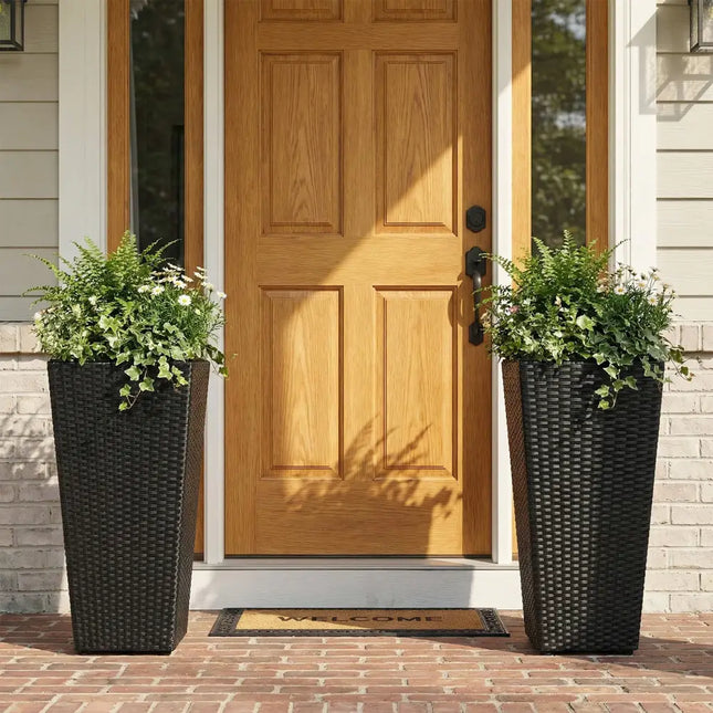 Set of 2 Rattan Tall Plant Pots with Detachable Plastic Liners-Black - Black - Raised Garden Beds