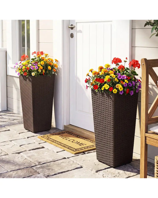 Set of 2 Rattan Tall Plant Pots with Detachable Plastic Liners-Brown - Brown - Raised Garden Beds