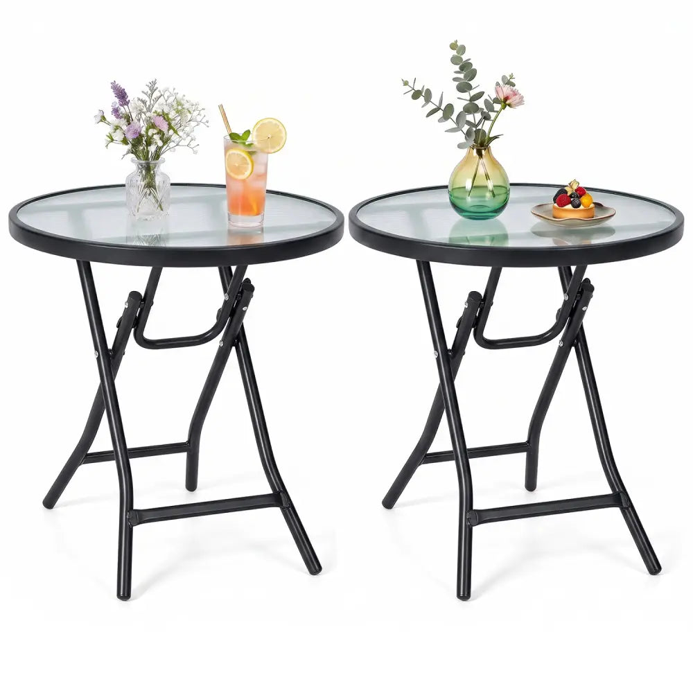 Set of 2 Round Patio Side Table with Tempered Glass Top-Black - Black - Patio Coffee Tables