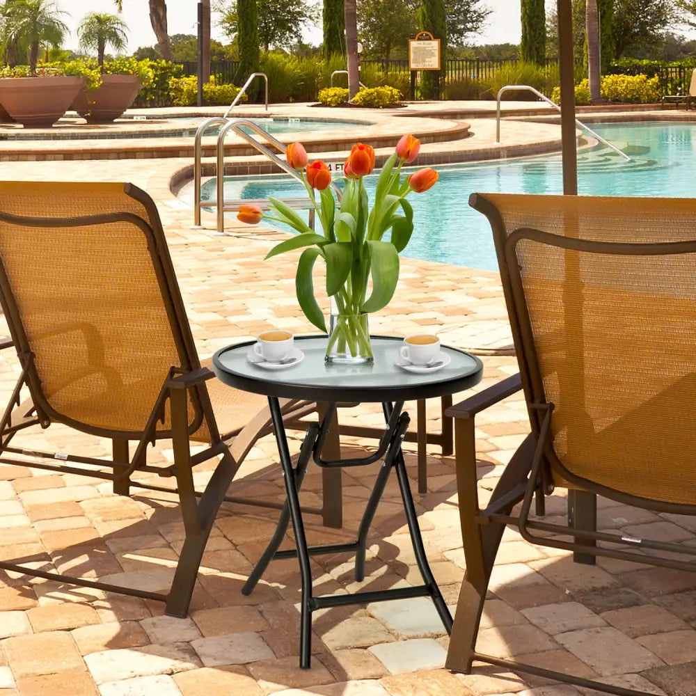 Set of 2 Round Patio Side Table with Tempered Glass Top-Black - Black - Patio Coffee Tables