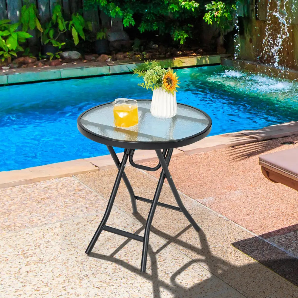Set of 2 Round Patio Side Table with Tempered Glass Top-Black - Black - Patio Coffee Tables