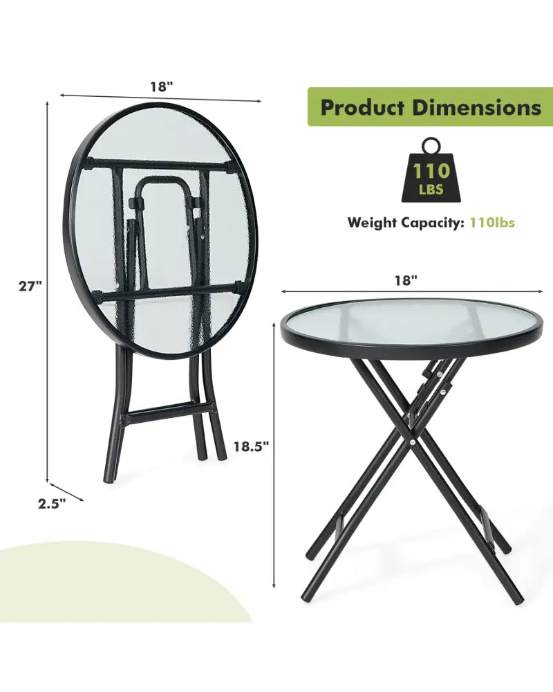 Set of 2 Round Patio Side Table with Tempered Glass Top-Black - Black - Patio Coffee Tables