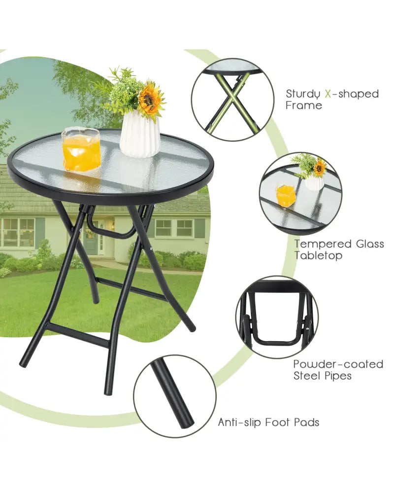 Set of 2 Round Patio Side Table with Tempered Glass Top-Black - Black - Patio Coffee Tables