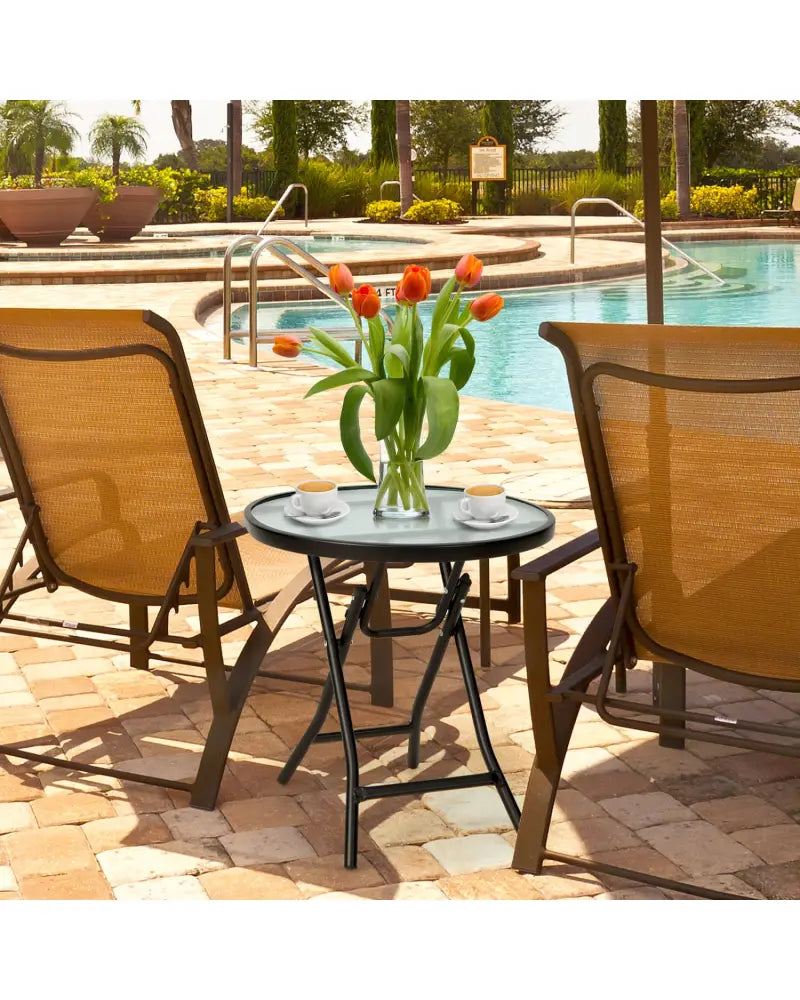 Set of 2 Round Patio Side Table with Tempered Glass Top-Black - Black - Patio Coffee Tables