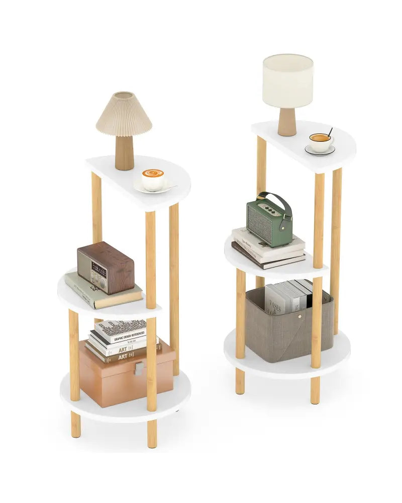 Set of 2 Round Side Table Compact with 3-Tier Shelves and Bamboo Construction-White - White - End & Side Tables