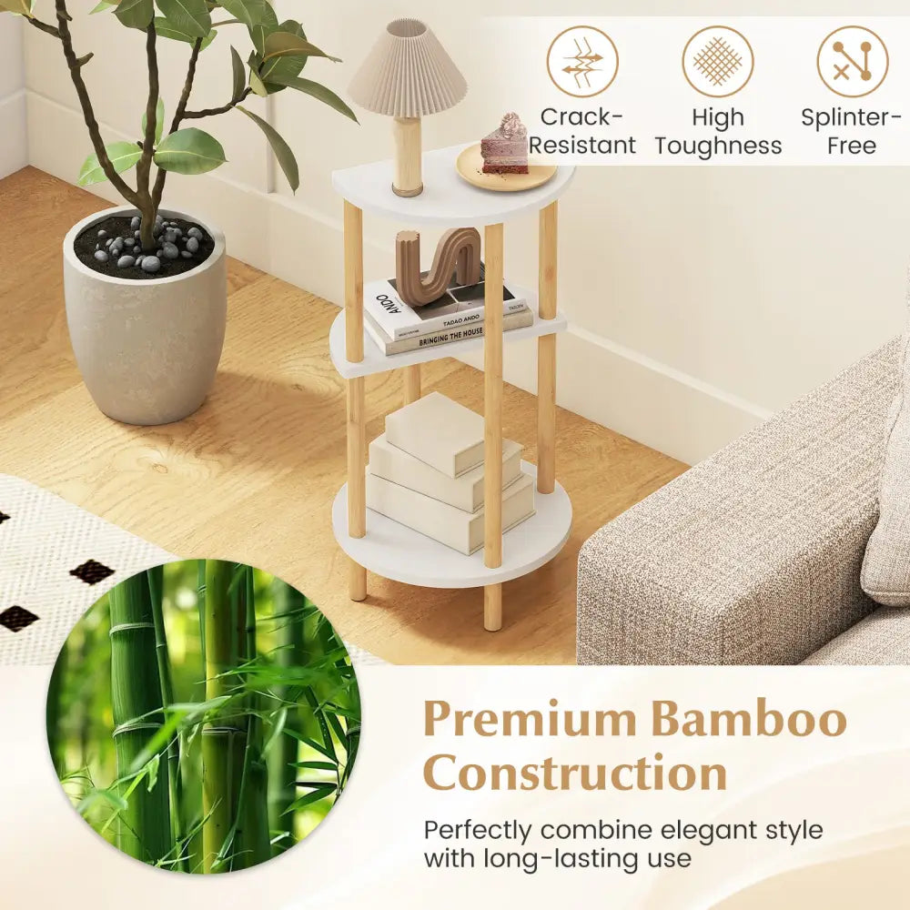 Set of 2 Round Side Table Compact with 3-Tier Shelves and Bamboo Construction-White - White - End & Side Tables