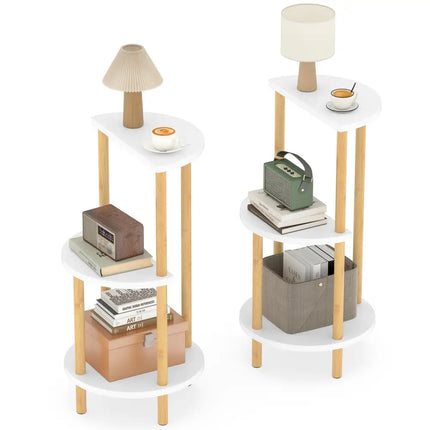 Set of 2 Round Side Table Compact with 3-Tier Shelves and Bamboo Construction-White - White - End & Side Tables