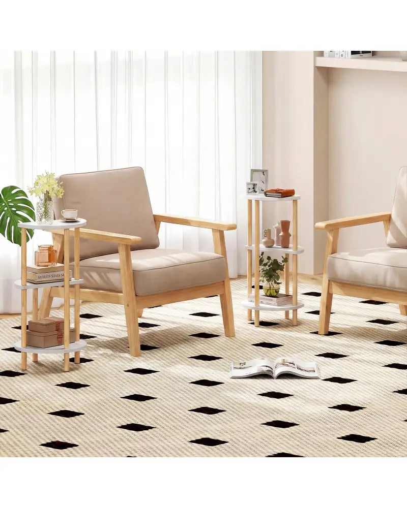 Set of 2 Round Side Table Compact with 3-Tier Shelves and Bamboo Construction-White - White - End & Side Tables