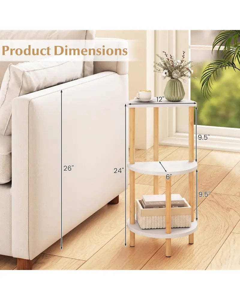 Set of 2 Round Side Table Compact with 3-Tier Shelves and Bamboo Construction-White - White - End & Side Tables